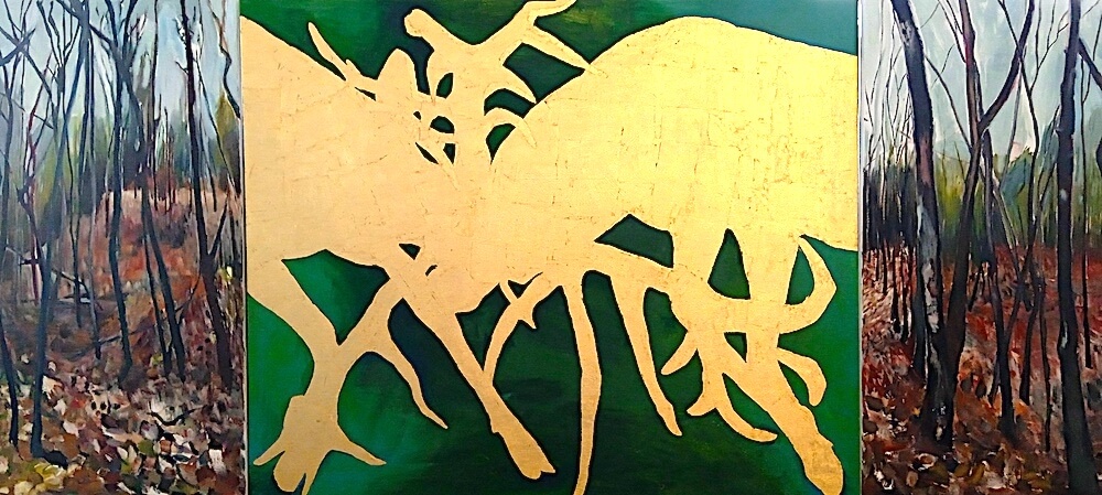 Hirschkampf, Acryl und Öl auf Leinwand und Blattgold, Triptichon, gemalt von Ute Meta Kühn, 2022
