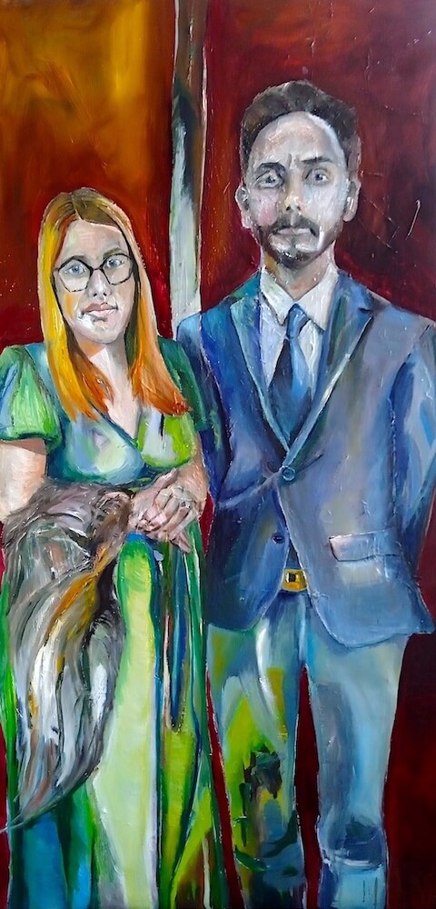 Frau und Mann verkleidet, Paar in Oel, langes Format, gemalt von Ute Meta Kuehn, 2022