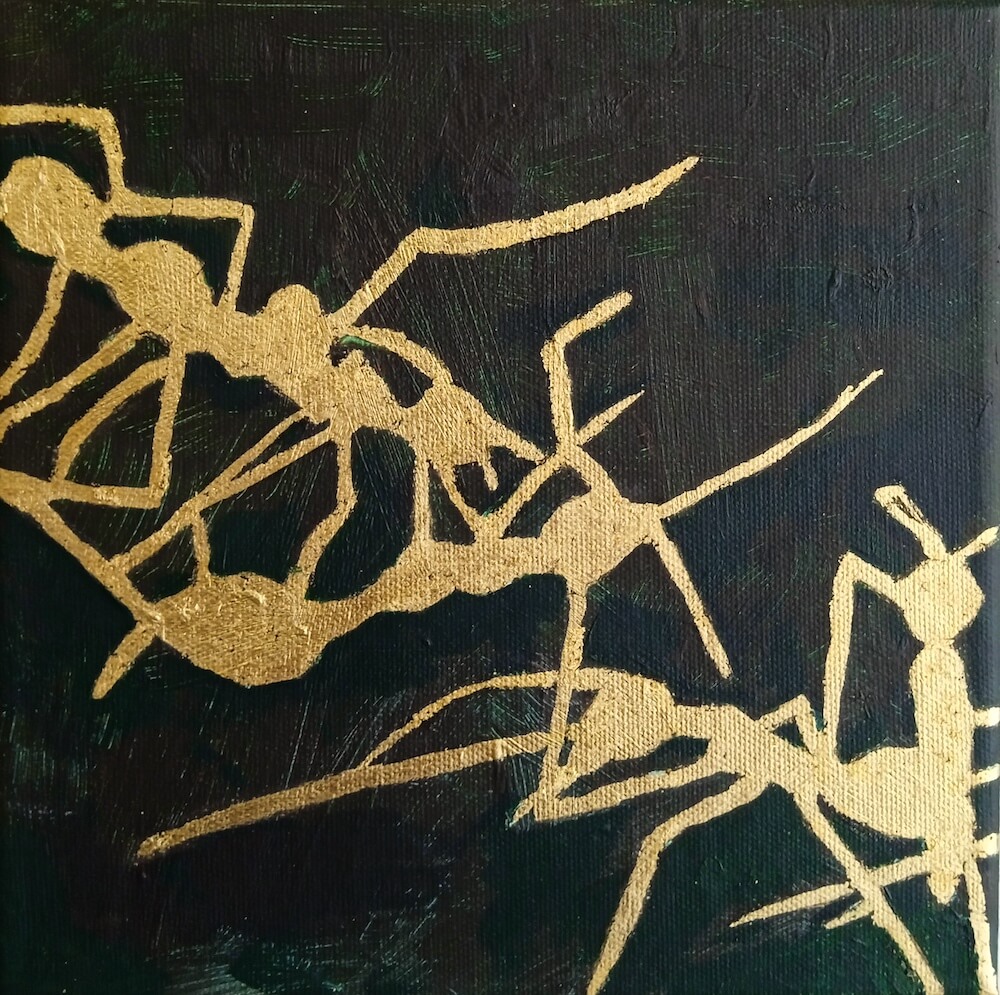 Ameisenbruecke aus Gold, klein, schwarzer Hintergrund, gemalt von Ute Meta Kuehn, 2022