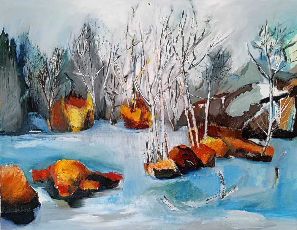 Orange Grasinseln auf dem See, gemalt von Ute Meta Kuehn, 2020