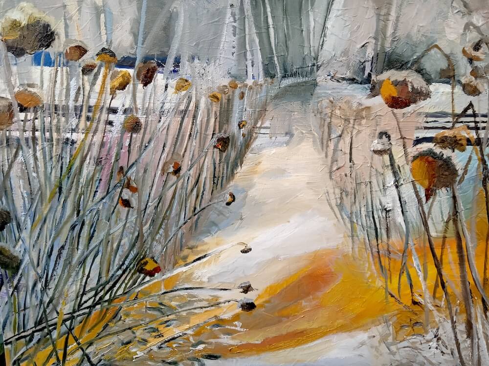 Sonnenblumen an einem Weg zum Wald, gemalt von Ute Meta Kuehn, 2022