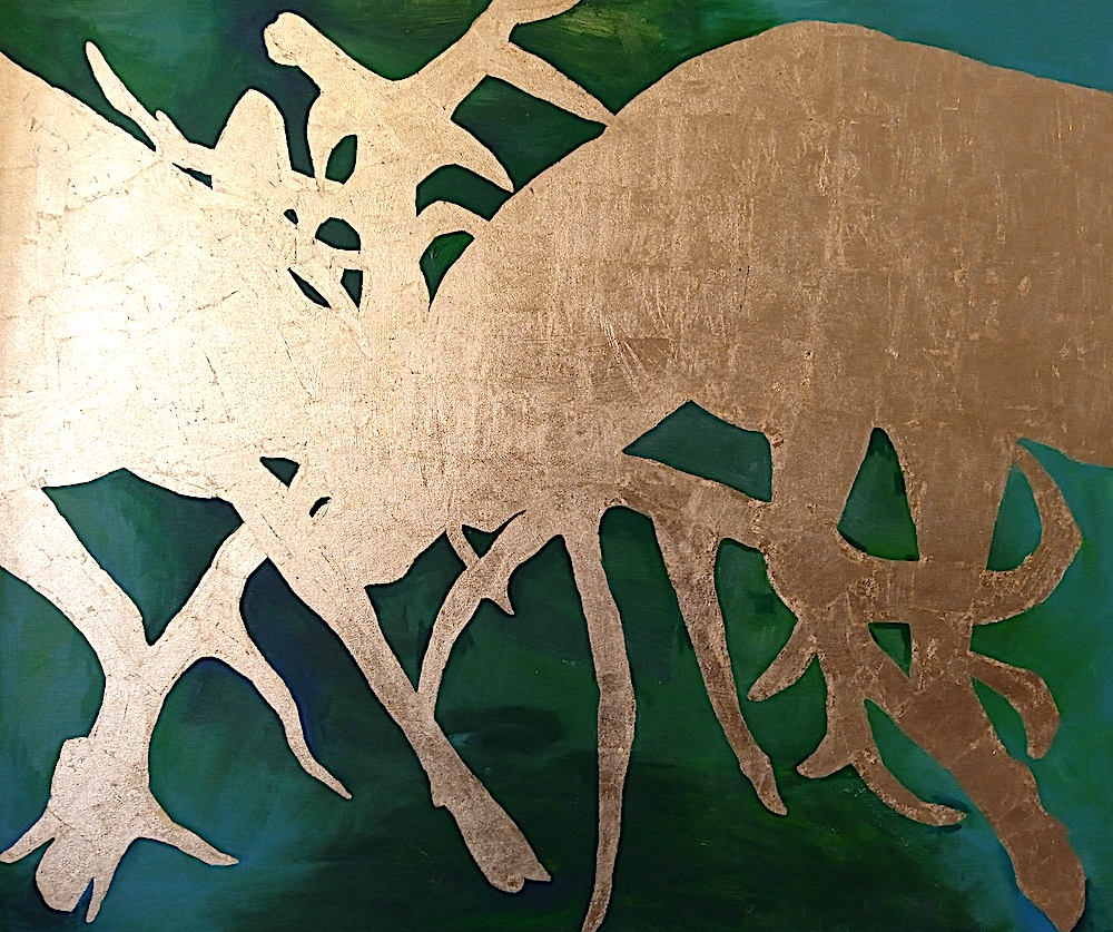 kämpfende Hirsche, zusammengezogene Flächen, im Wald, gemalt von Ute Meta Kühn, 2021