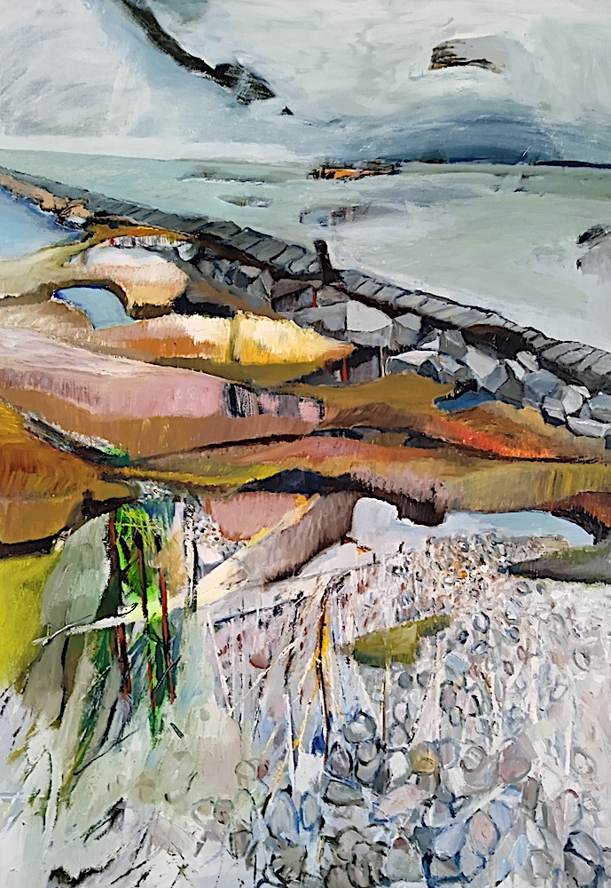 Hallig Oland, Landgewinnung und angeschwemmte Muscheln, gemalt von Ute Meta Kühn, 2022