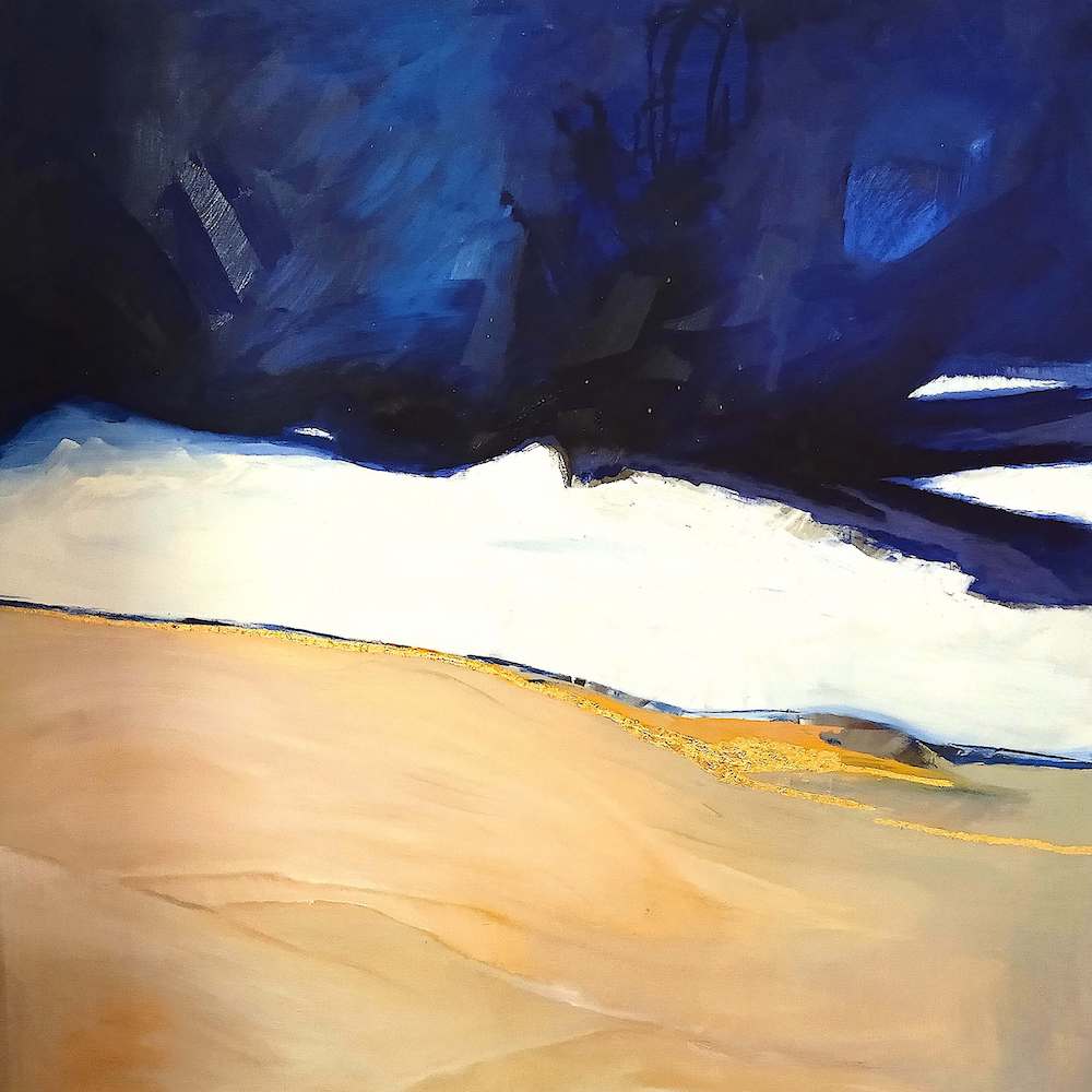 Sanddüne mit tiefblauem Himmel, goldener Horizont, gemalt von Ute Meta Kühn, 2017