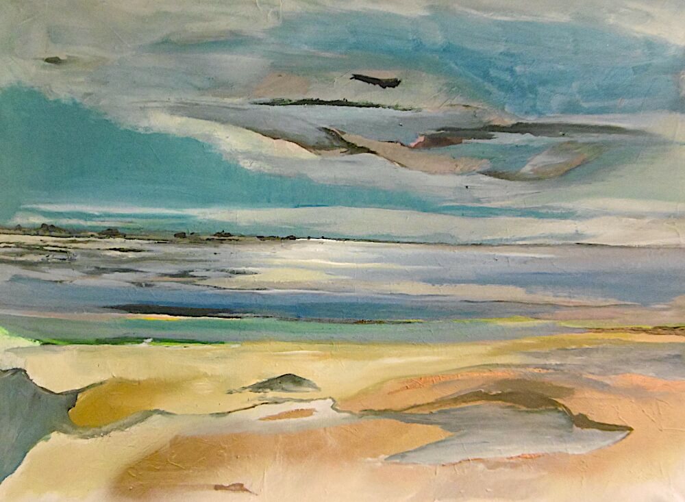 Wattweg zur Hallig Langeneß, Wasserpfützen im Wattenmeer, gemalt von Ute Meta Kühn, 2020